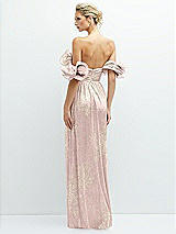 Rear View Thumbnail - Pink Gold Foil Dramatic Ruffle Edge Convertible Strap Metallic Pleated Maxi Dress with Floral Gold Foil Print