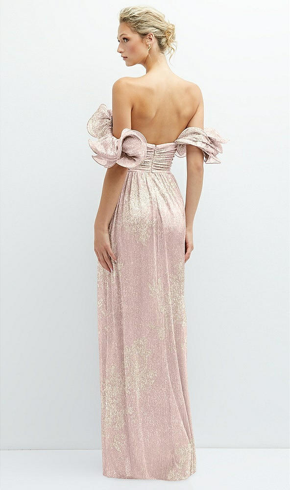 Back View - Pink Gold Foil Dramatic Ruffle Edge Convertible Strap Metallic Pleated Maxi Dress with Floral Gold Foil Print