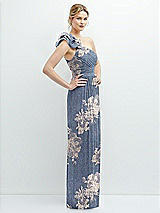Side View Thumbnail - French Blue Gold Foil Dramatic Ruffle Edge One-Shoulder Metallic Pleated Maxi Dress with Floral Gold Foil Print