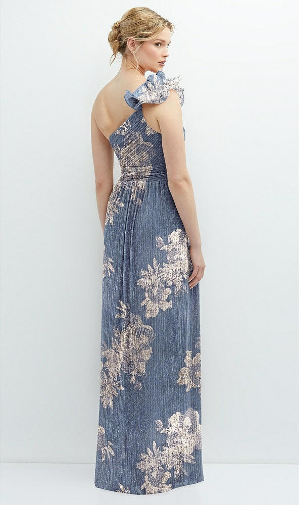Back View - French Blue Gold Foil Dramatic Ruffle Edge One-Shoulder Metallic Pleated Maxi Dress with Floral Gold Foil Print