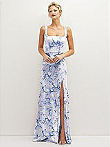 Front View Thumbnail - Magnolia Sky Floral Square-Neck Satin A-line Maxi Dress with Front Slit