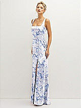 Side View Thumbnail - Magnolia Sky Floral Square-Neck Satin A-line Maxi Dress with Front Slit