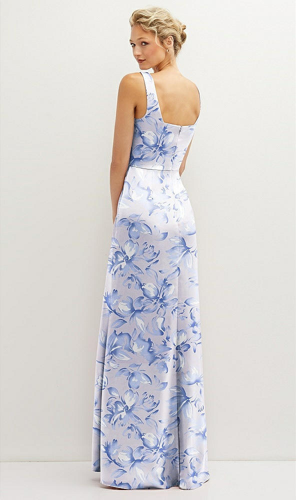 Back View - Magnolia Sky Floral Square-Neck Satin A-line Maxi Dress with Front Slit