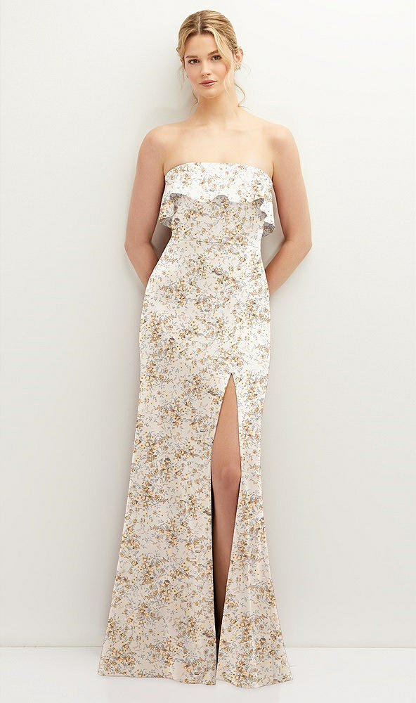 Front View - Golden Hour Floral Soft Ruffle Cuff Strapless Trumpet Dress with Front Slit