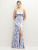Front View Thumbnail - Magnolia Sky Floral Soft Ruffle Cuff Strapless Trumpet Dress with Front Slit