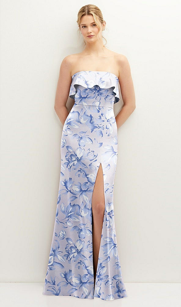 Front View - Magnolia Sky Floral Soft Ruffle Cuff Strapless Trumpet Dress with Front Slit