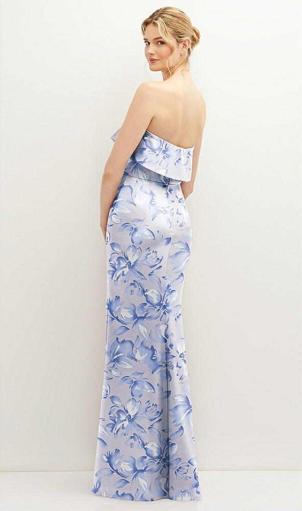 Back View - Magnolia Sky Floral Soft Ruffle Cuff Strapless Trumpet Dress with Front Slit