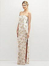 Alt View 1 Thumbnail - Golden Hour Strapless Pull-On Floral Satin Column Dress with Side Seam Slit