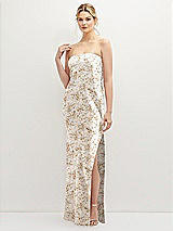 Front View Thumbnail - Golden Hour Strapless Pull-On Floral Satin Column Dress with Side Seam Slit