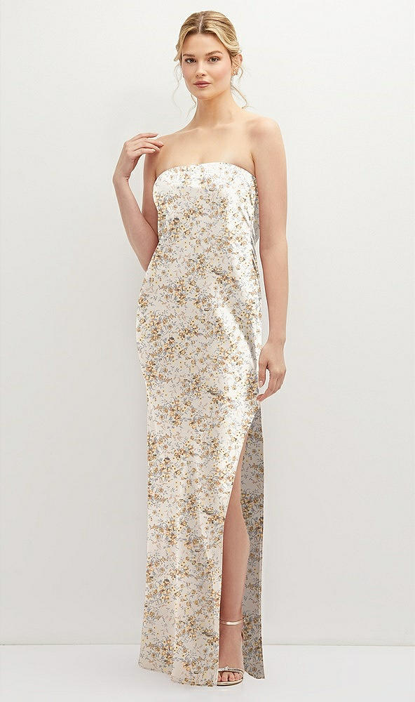 Front View - Golden Hour Strapless Pull-On Floral Satin Column Dress with Side Seam Slit