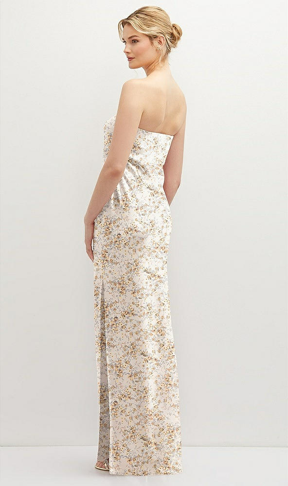 Back View - Golden Hour Strapless Pull-On Floral Satin Column Dress with Side Seam Slit