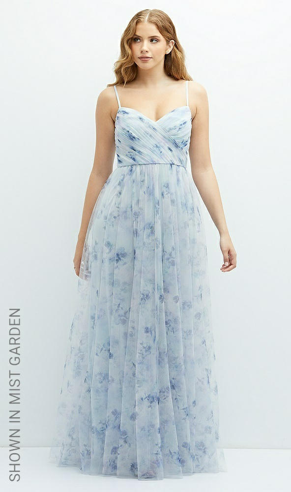Front View - Lilac Haze Garden Floral Ruched Wrap Bodice Tulle Dress with Long Full Skirt