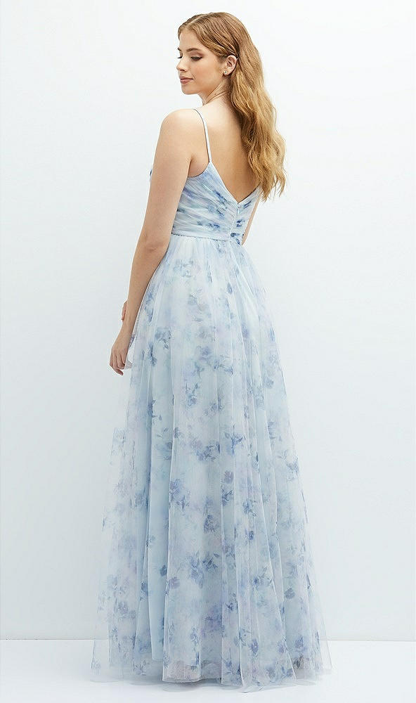 Back View - Mist Garden Floral Ruched Wrap Bodice Tulle Dress with Long Full Skirt