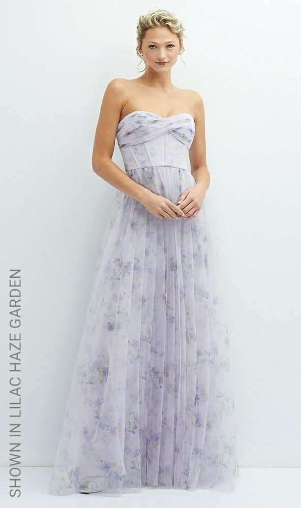 Front View - Mist Garden Floral Strapless Twist Cup Corset Tulle Dress with Long Full Skirt