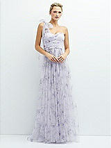 Front View Thumbnail - Lilac Haze Garden Floral Scarf Tie One-Shoulder Tulle Dress with Long Full Skirt
