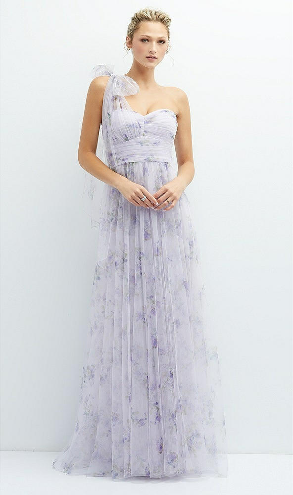 Front View - Lilac Haze Garden Floral Scarf Tie One-Shoulder Tulle Dress with Long Full Skirt