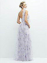 Rear View Thumbnail - Lilac Haze Garden Floral Scarf Tie One-Shoulder Tulle Dress with Long Full Skirt
