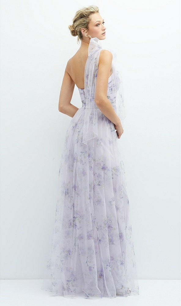 Back View - Lilac Haze Garden Floral Scarf Tie One-Shoulder Tulle Dress with Long Full Skirt