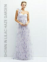 Front View Thumbnail - Mist Garden Floral Scarf Tie One-Shoulder Tulle Dress with Long Full Skirt