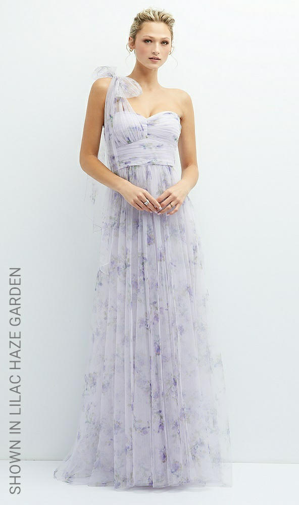 Front View - Mist Garden Floral Scarf Tie One-Shoulder Tulle Dress with Long Full Skirt