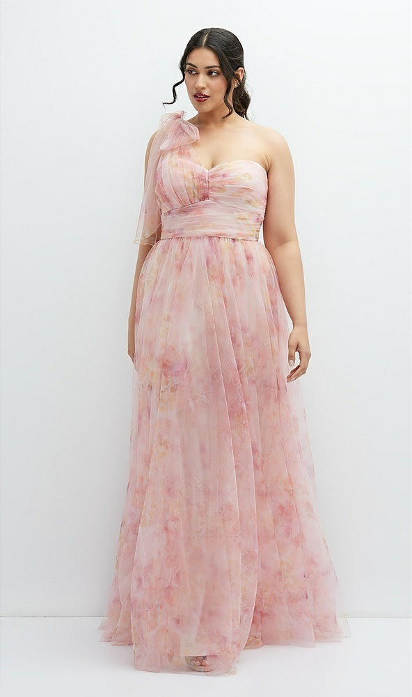 Front View - Rose Garden Floral Scarf Tie One-Shoulder Tulle Dress with Long Full Skirt