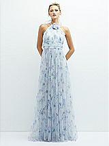 Front View Thumbnail - Mist Garden Floral Tie-Back Halter Tulle Dress with Long Full Skirt & Rosette Detail
