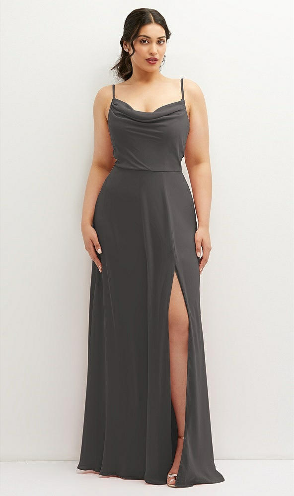 Front View - Caviar Gray Soft Cowl-Neck A-Line Maxi Dress with Adjustable Straps