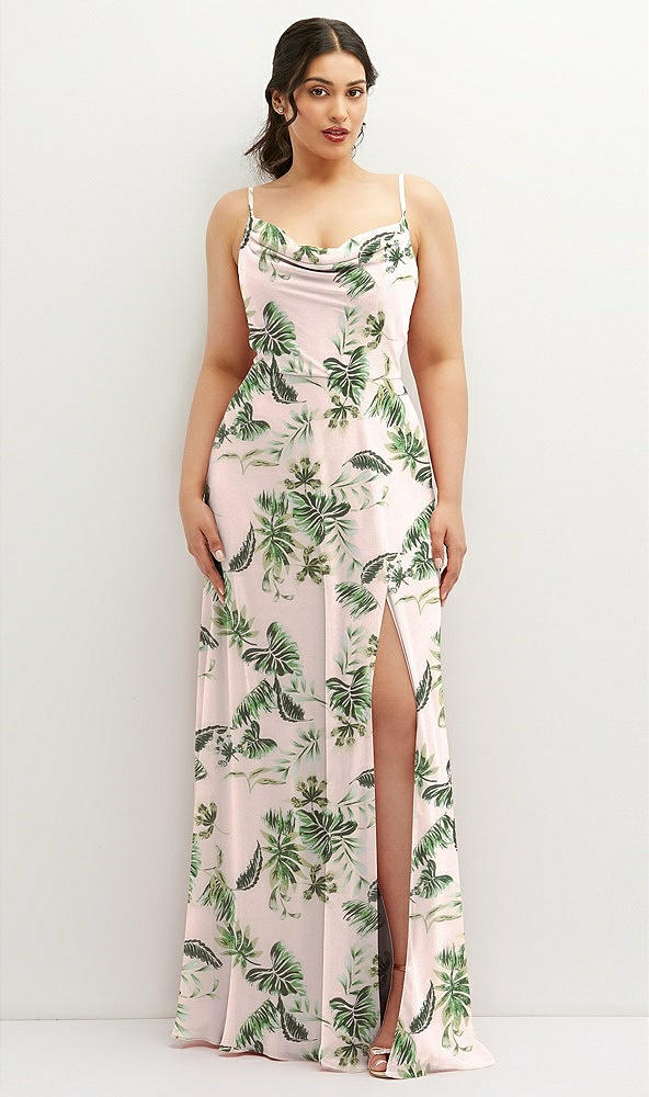 Front View - Palm Beach Print Soft Cowl-Neck A-Line Maxi Dress with Adjustable Straps