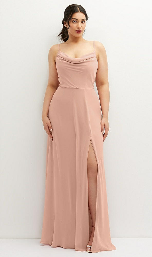 Front View - Pale Peach Soft Cowl-Neck A-Line Maxi Dress with Adjustable Straps