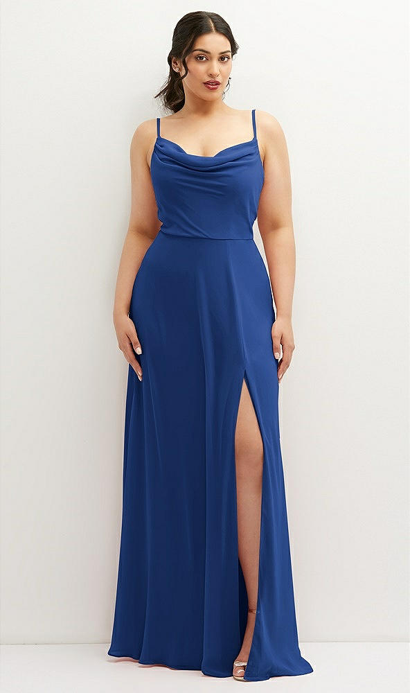 Front View - Classic Blue Soft Cowl-Neck A-Line Maxi Dress with Adjustable Straps