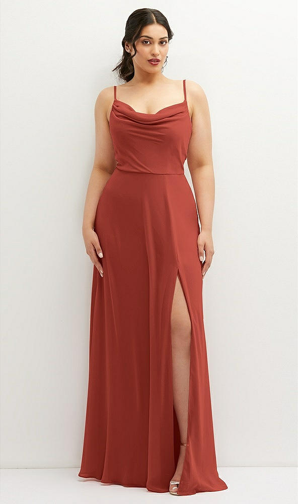 Front View - Amber Sunset Soft Cowl-Neck A-Line Maxi Dress with Adjustable Straps
