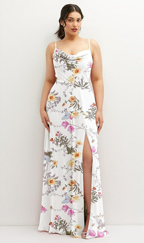 Front View - Butterfly Botanica Ivory Soft Cowl-Neck A-Line Maxi Dress with Adjustable Straps