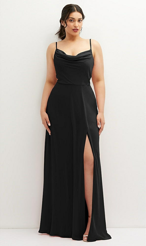 Front View - Black Soft Cowl-Neck A-Line Maxi Dress with Adjustable Straps