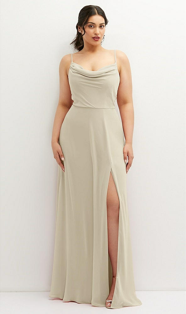 Front View - Champagne Soft Cowl-Neck A-Line Maxi Dress with Adjustable Straps