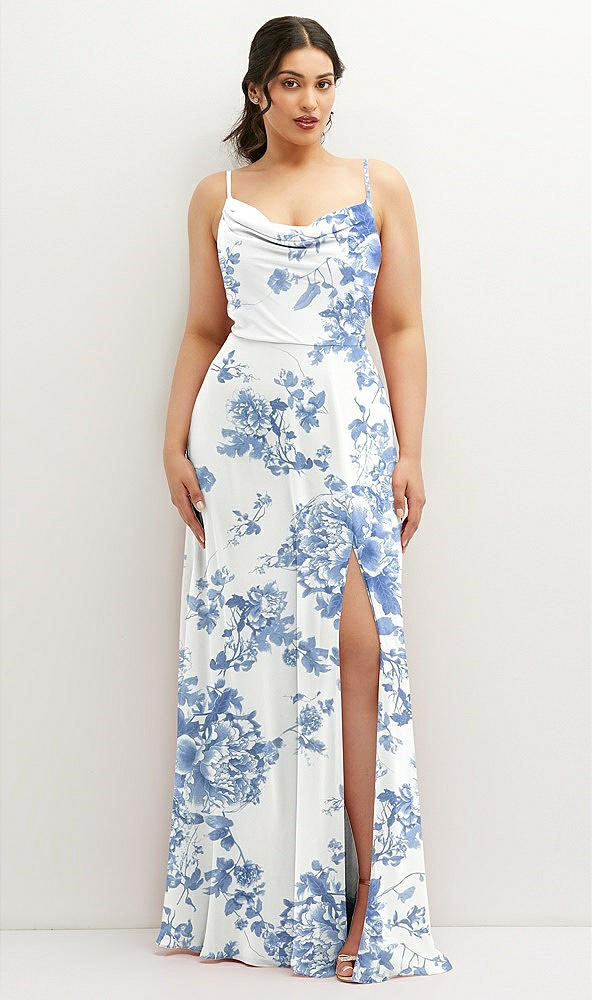 Front View - Cottage Rose Dusk Blue Soft Cowl-Neck A-Line Maxi Dress with Adjustable Straps