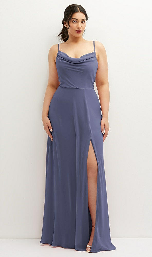 Front View - French Blue Soft Cowl-Neck A-Line Maxi Dress with Adjustable Straps