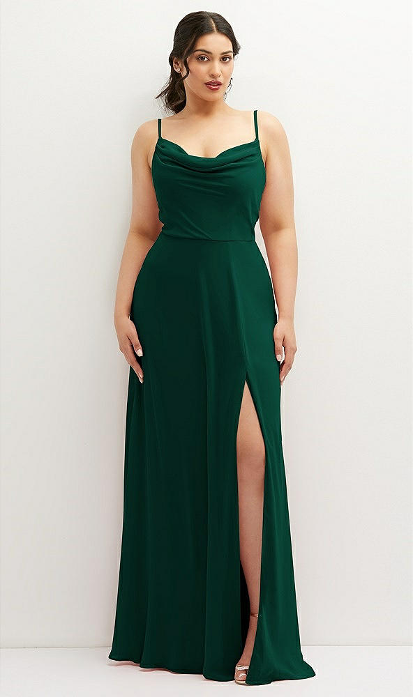 Front View - Hunter Green Soft Cowl-Neck A-Line Maxi Dress with Adjustable Straps