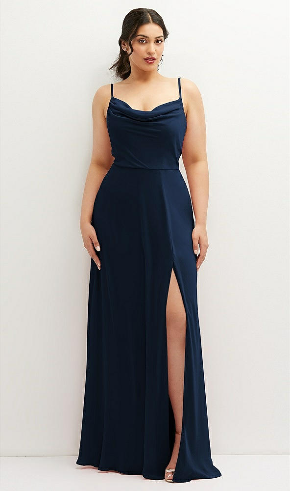 Front View - Midnight Navy Soft Cowl-Neck A-Line Maxi Dress with Adjustable Straps