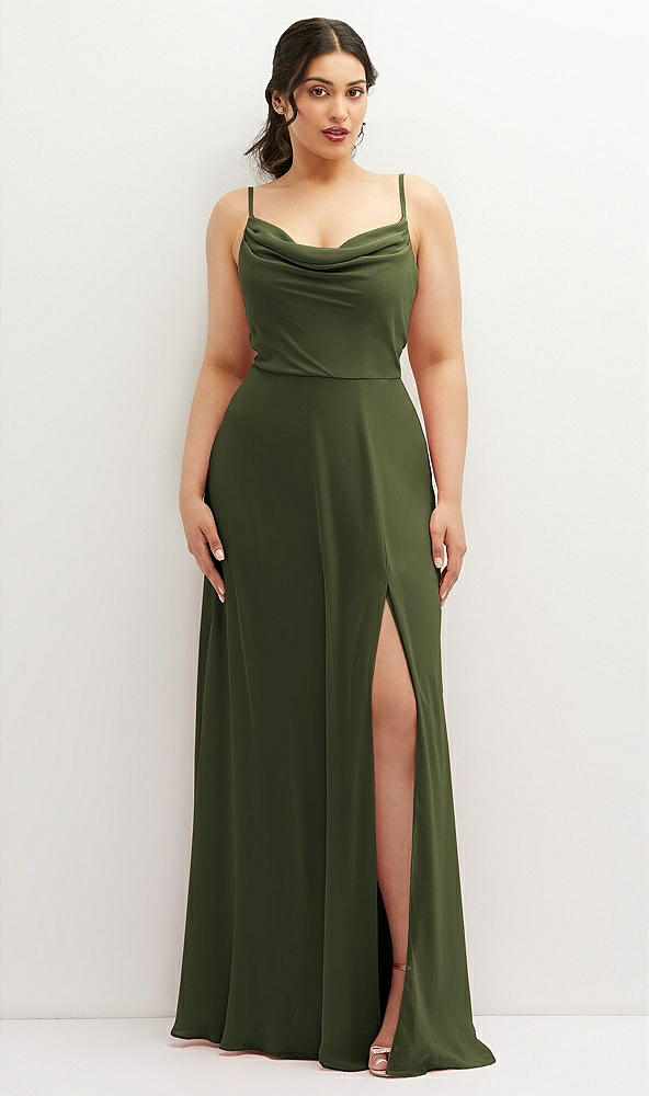 Front View - Olive Green Soft Cowl-Neck A-Line Maxi Dress with Adjustable Straps