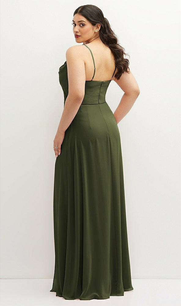Back View - Olive Green Soft Cowl-Neck A-Line Maxi Dress with Adjustable Straps