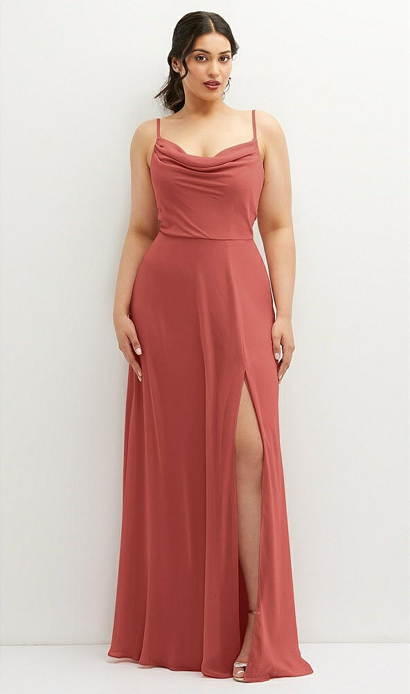 Front View - Coral Pink Soft Cowl-Neck A-Line Maxi Dress with Adjustable Straps