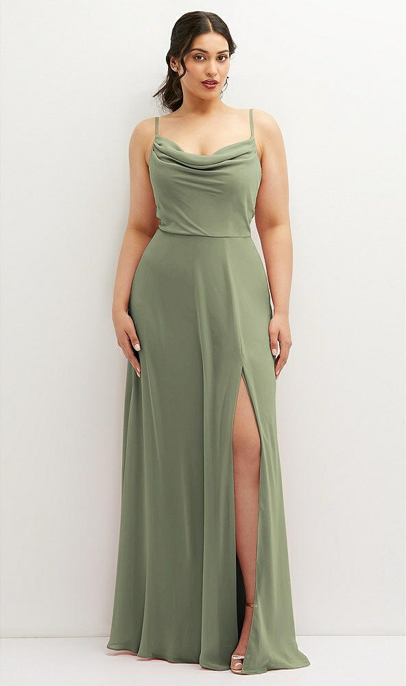 Front View - Sage Soft Cowl-Neck A-Line Maxi Dress with Adjustable Straps