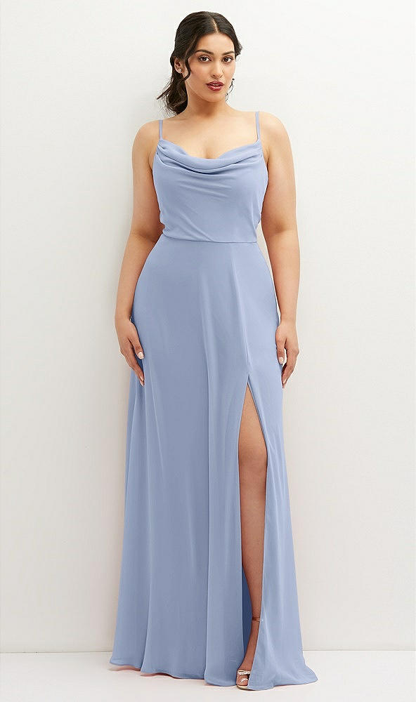 Front View - Sky Blue Soft Cowl-Neck A-Line Maxi Dress with Adjustable Straps