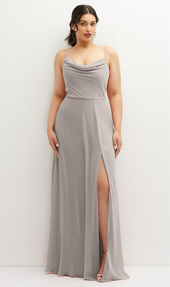 Front View - Taupe Soft Cowl-Neck A-Line Maxi Dress with Adjustable Straps