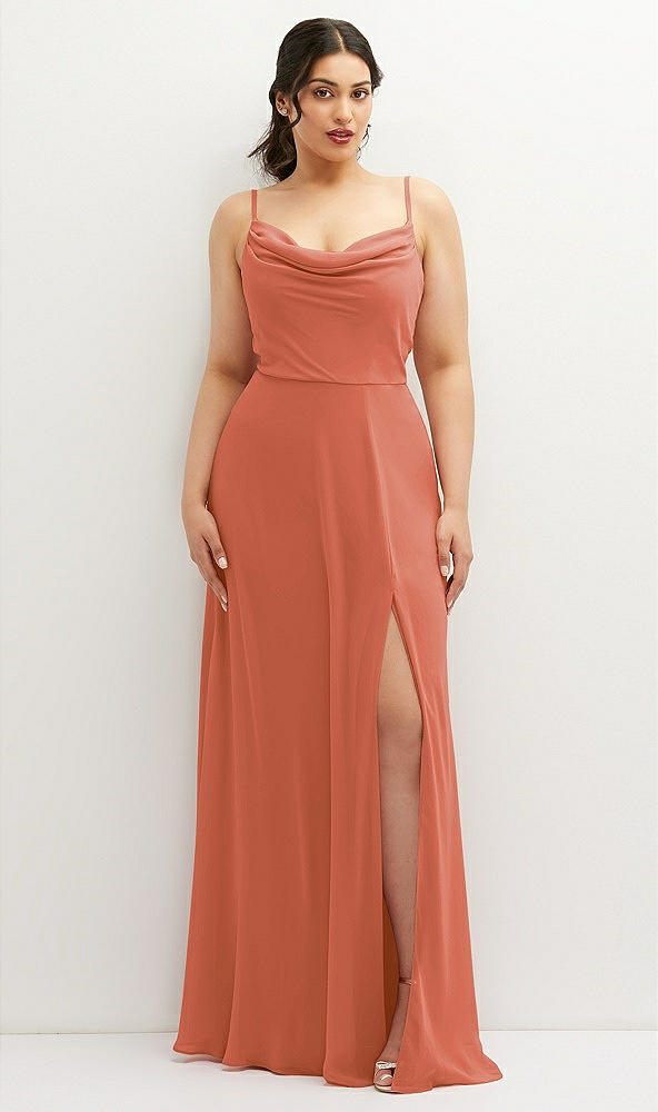 Front View - Terracotta Copper Soft Cowl-Neck A-Line Maxi Dress with Adjustable Straps