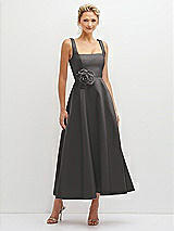 Front View Thumbnail - Caviar Gray Square Neck Satin Midi Dress with Full Skirt & Flower Sash