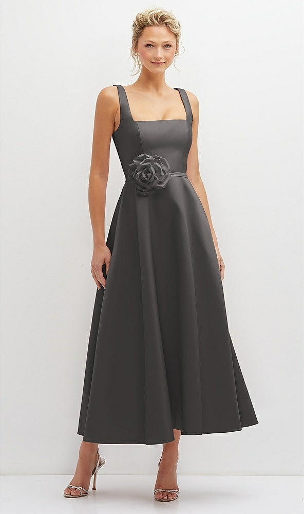 Front View - Caviar Gray Square Neck Satin Midi Dress with Full Skirt & Flower Sash