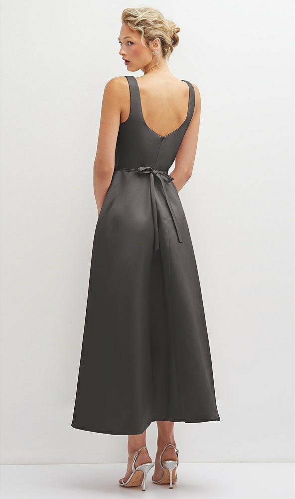 Back View - Caviar Gray Square Neck Satin Midi Dress with Full Skirt & Flower Sash