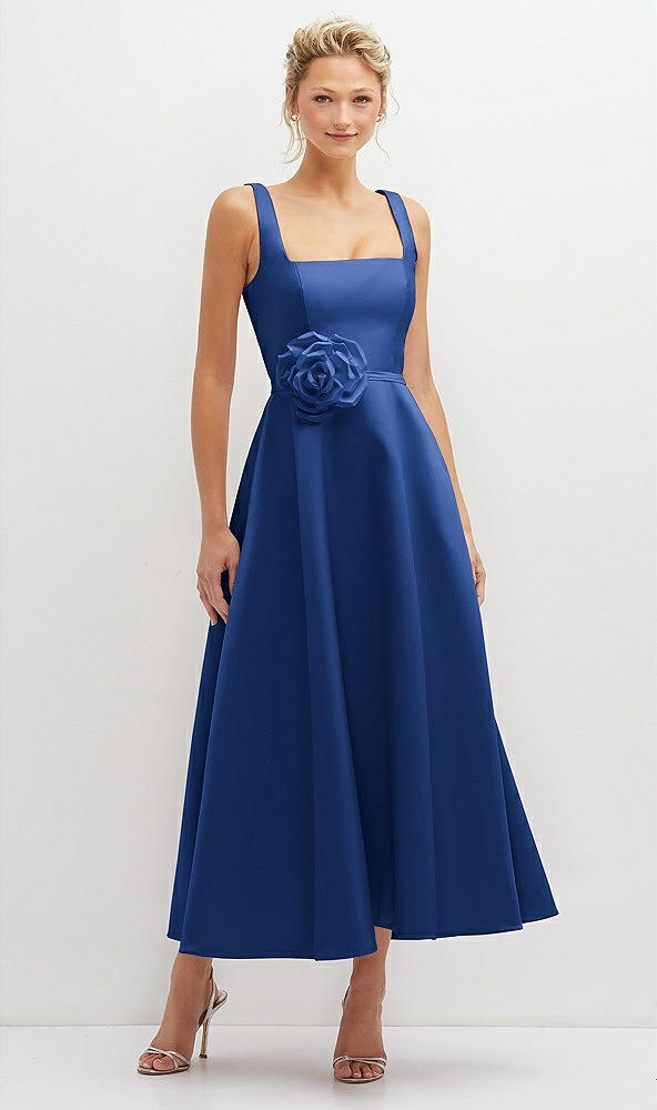 Front View - Classic Blue Square Neck Satin Midi Dress with Full Skirt & Flower Sash