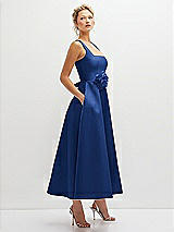 Side View Thumbnail - Classic Blue Square Neck Satin Midi Dress with Full Skirt & Flower Sash